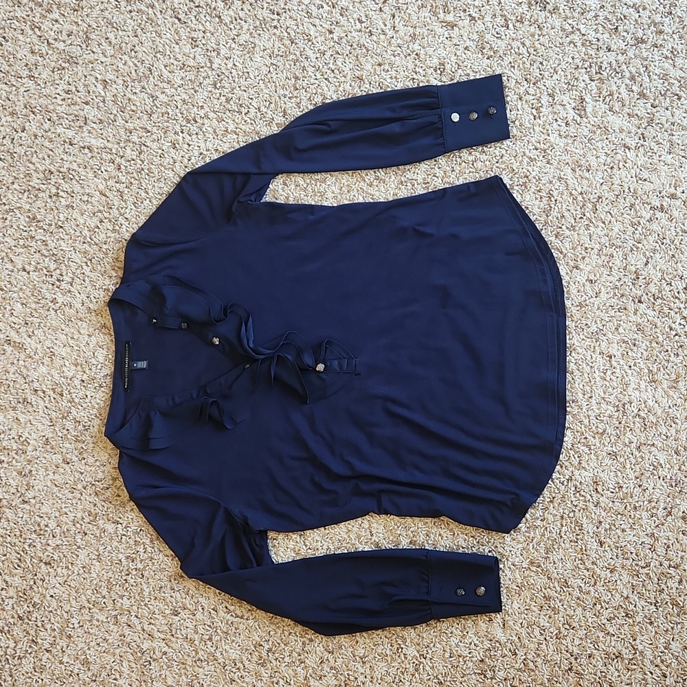 White House Black Market - Ruffle Long Sleeve Shirt - Navy